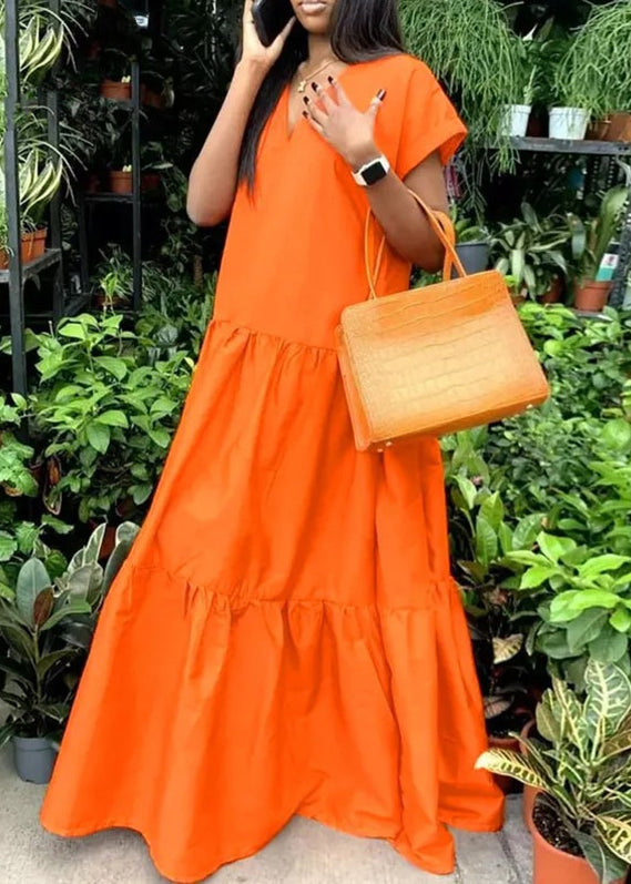 Kleid V Plus Lang Orange Sommer Patchwork Größe Hals