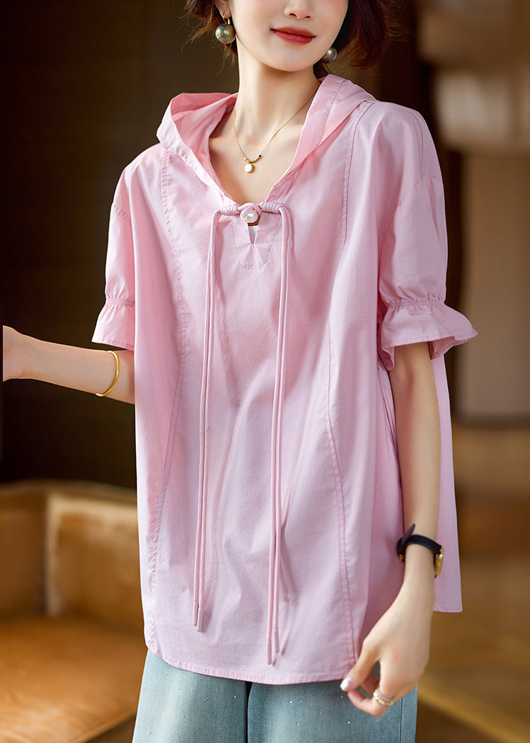 Plus Size Pink Hooded Chinese Button Cotton T Shirt Summer AC1018