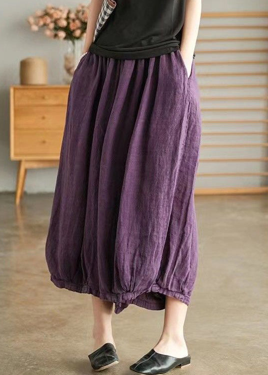 Plus Size Purple Pockets Elastic Waist Linen Crop Pants Summer VV043