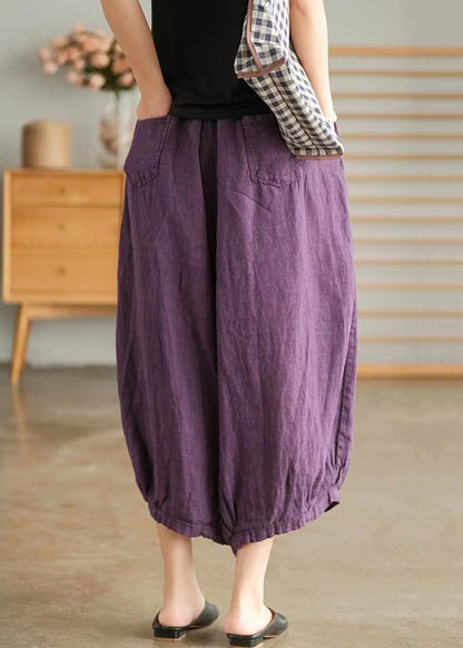 Pantalon court en lin à taille élastique avec poches violettes grande taille pour l'été VV043