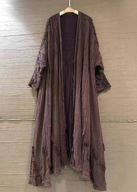 Plus Size Purple Solid V Neck Linen Cardigans Long Sleeve AA1063