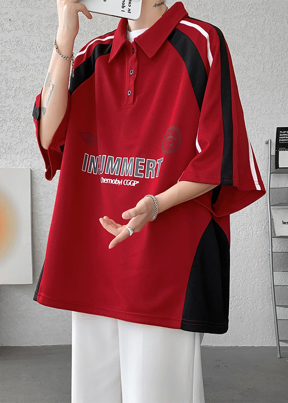 Baumwollknopfhemd Patchwork Halbbuchstaben Herren Übergröße Rotes Polo