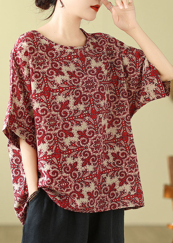 Plus Size Rote Bluse aus Baumwolle mit Rundhalsausschnitt und Print, Sommer-Top AP055