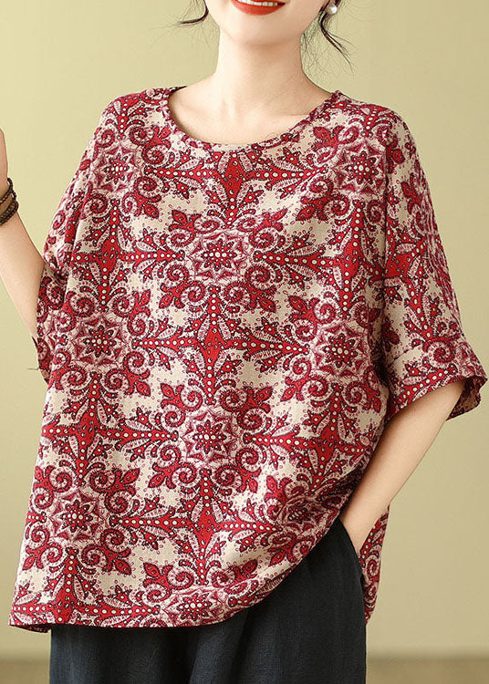 Plus Size Rote Bluse aus Baumwolle mit Rundhalsausschnitt und Print, Sommer-Top AP055