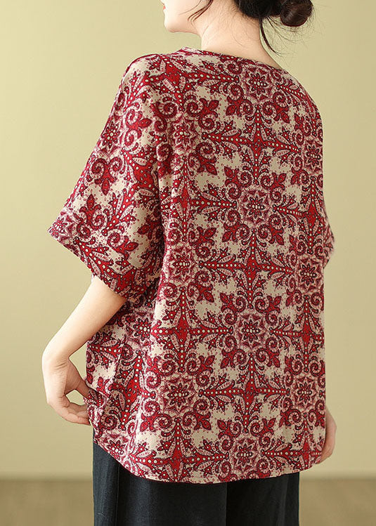 Plus Size Rote Bluse aus Baumwolle mit Rundhalsausschnitt und Print, Sommer-Top AP055