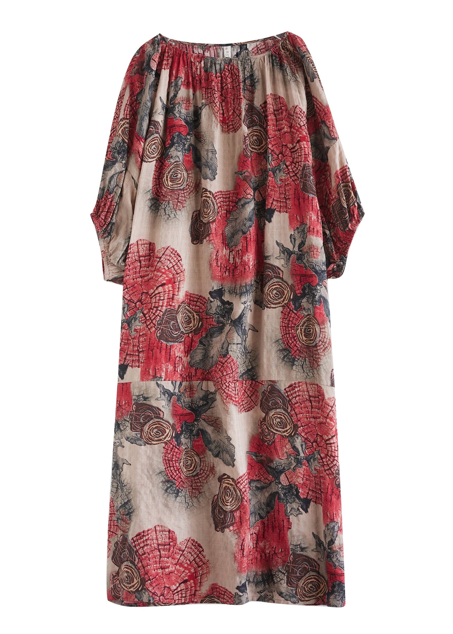 Plus Size Red O Neck Print Cotton Long Dress Puff Sleeve AP038