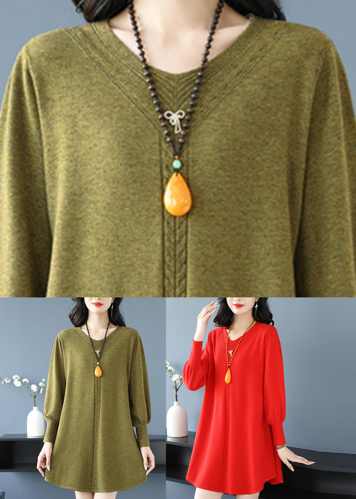 Plus Size Rot Patchwork Dicke Baumwolle Strickpullover Winter TE032