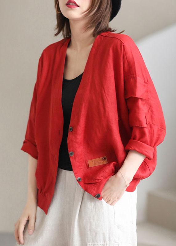 Plus Size Red V Neck Pockets Fall Coats Long sleeve QS050