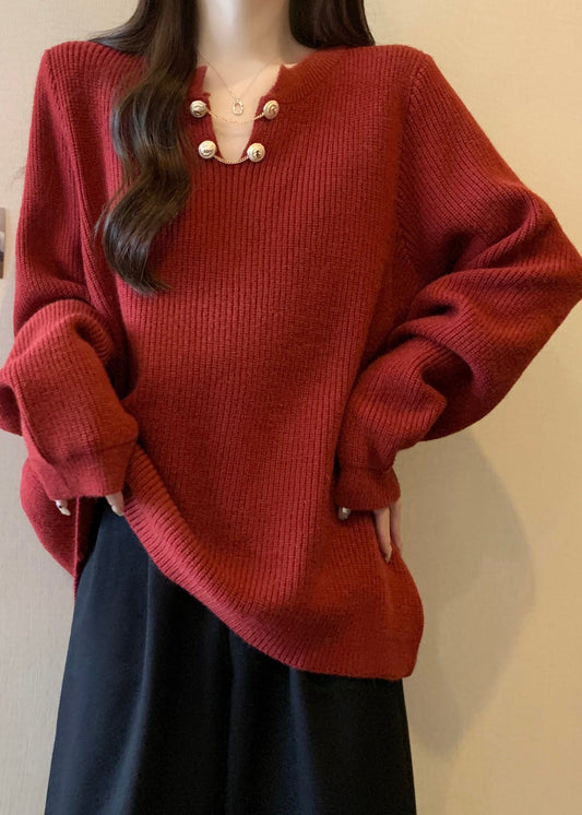 Pull en tricot épais et chaud à col en V rouge grande taille pour l'hiver RG032