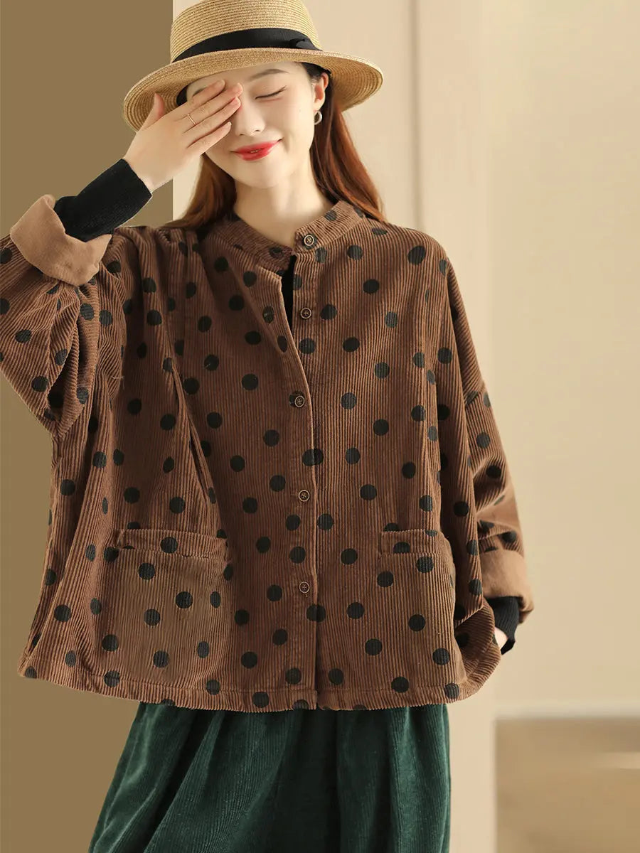 Plus Size Retro Dot Croduroy Stand Collar Shirt Coat Ada Fashion