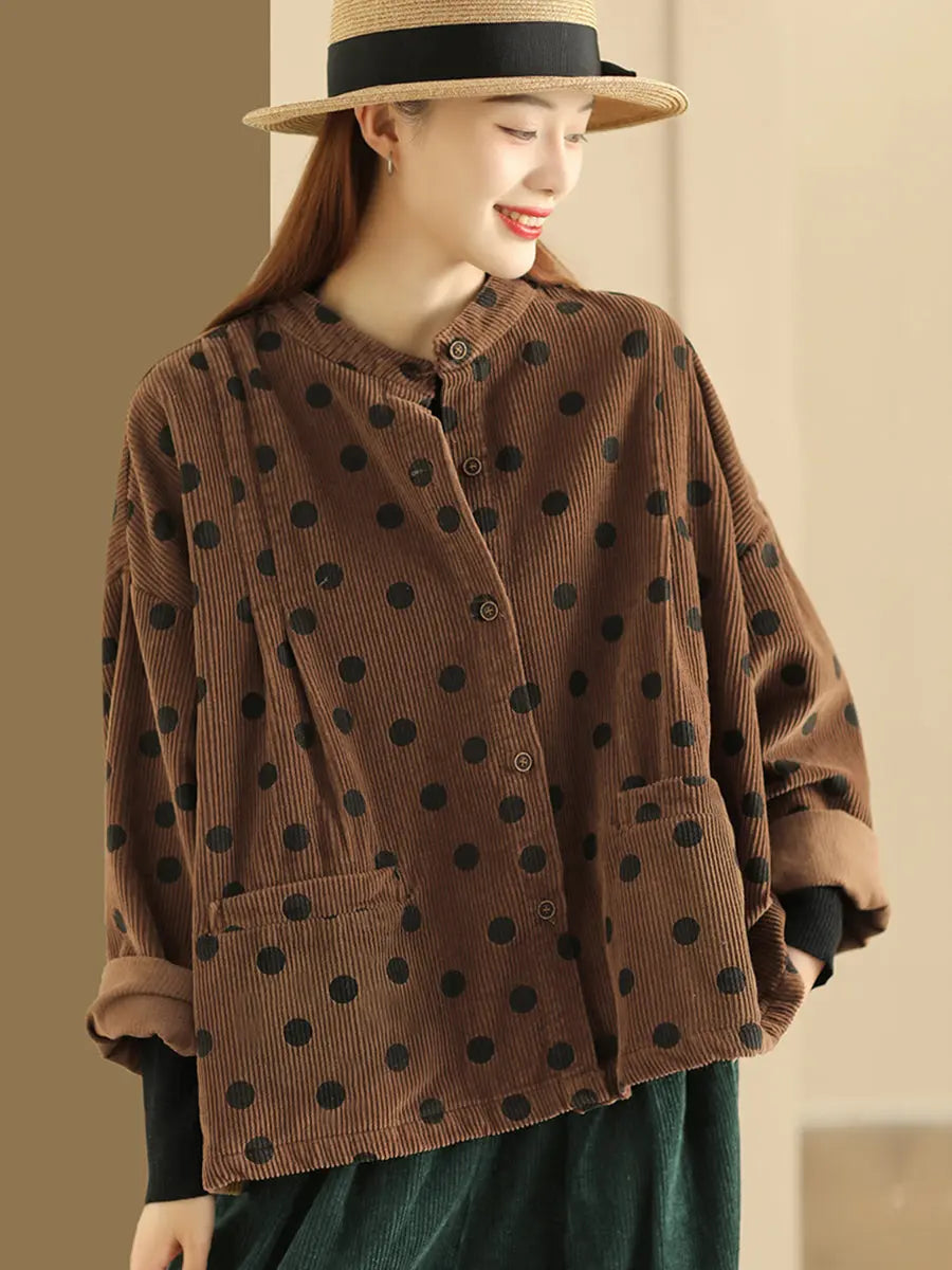 Plus Size Retro Dot Croduroy Stand Collar Shirt Coat Ada Fashion