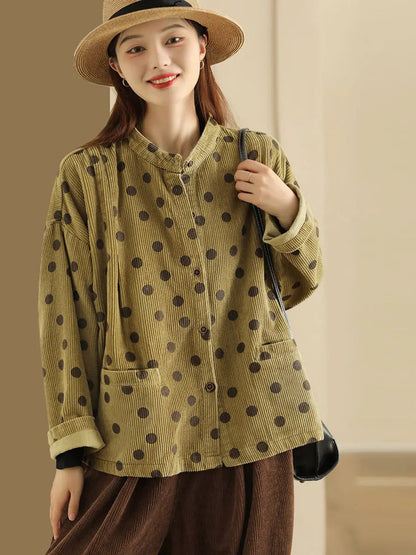 Plus Size Retro Dot Croduroy Stand Collar Shirt Coat Ada Fashion