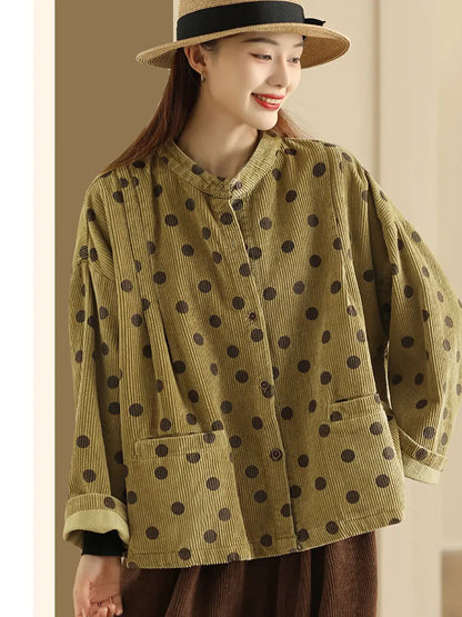 Plus Size Retro Dot Croduroy Stand Collar Shirt Coat Ada Fashion