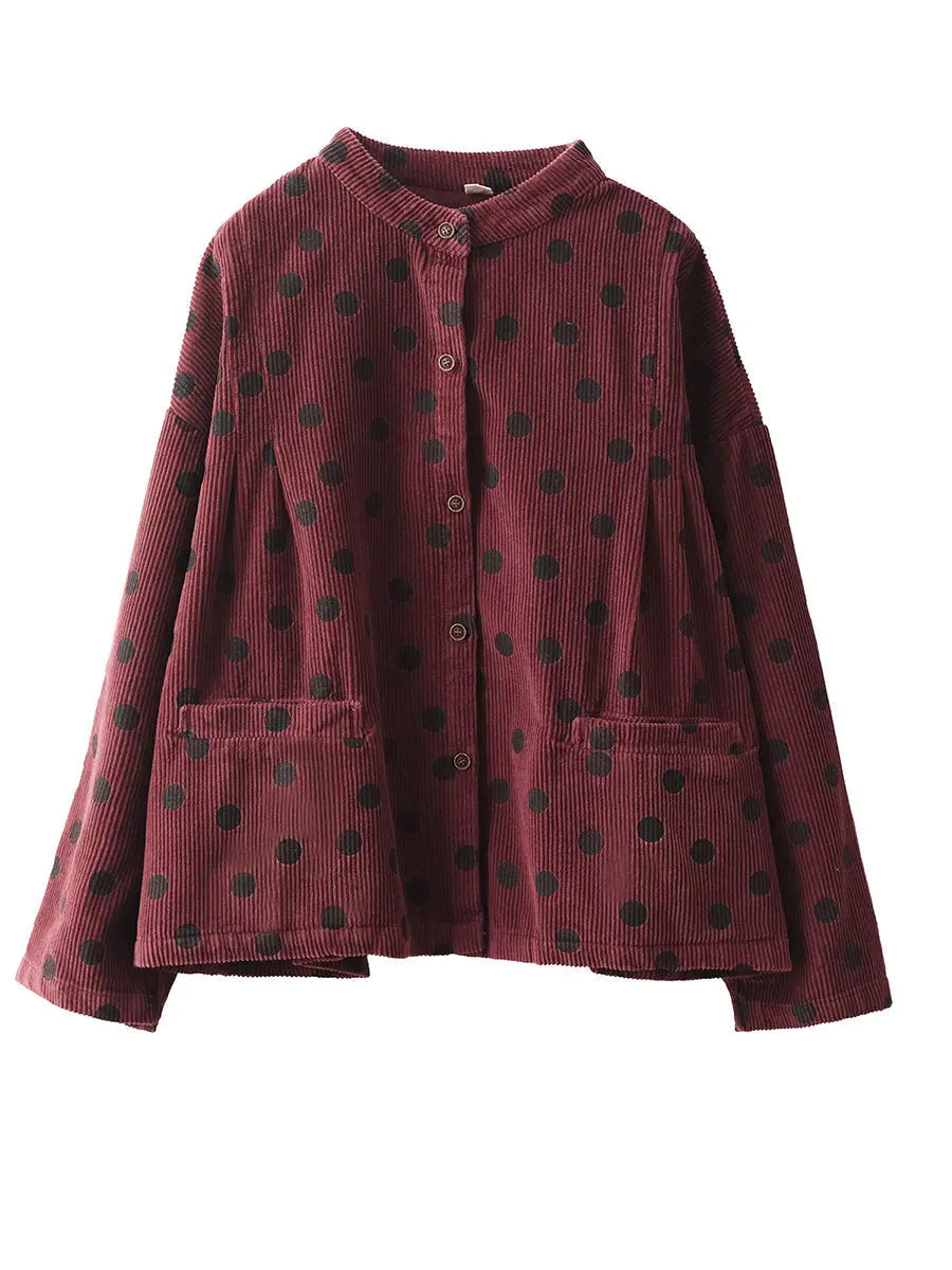 Plus Size Retro Dot Croduroy Stand Collar Shirt Coat Ada Fashion