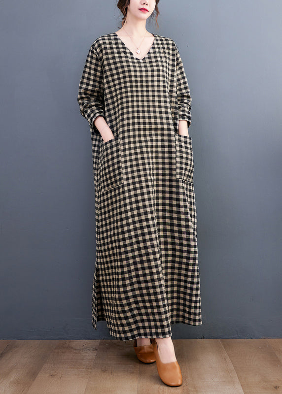 Plus Size V Neck Plaid Pockets Cotton Long Dress Summer AP007