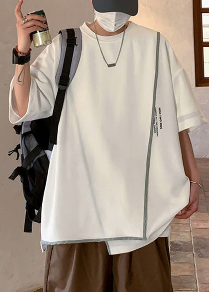T-shirt asymétrique blanc pour homme, taille plus, en coton