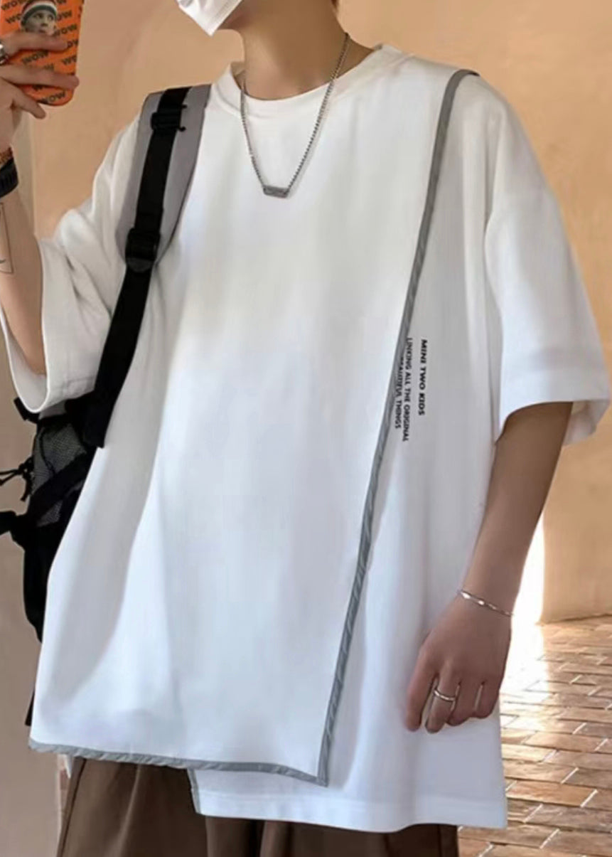 T-shirt asymétrique blanc pour homme, taille plus, en coton