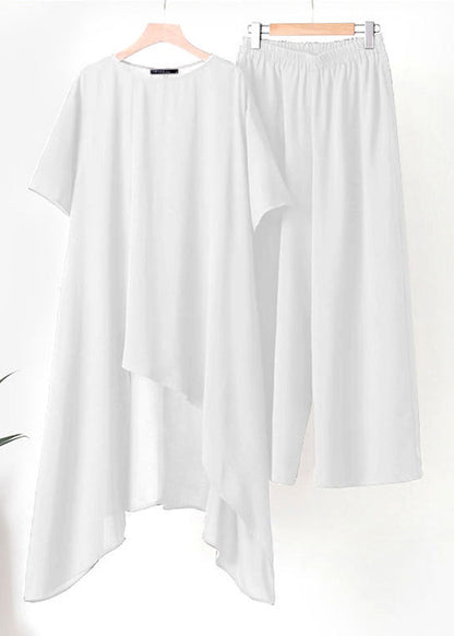 Ensemble deux pièces haut asymétrique blanc grande taille et pantalon large à manches courtes TR020