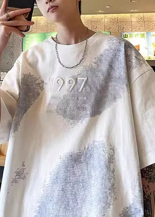 Chemises blanches en coton mélangé tie-dye pour hommes, grande taille, brodées