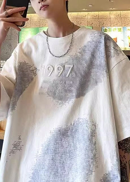 Chemises blanches en coton mélangé tie-dye pour hommes, grande taille, brodées