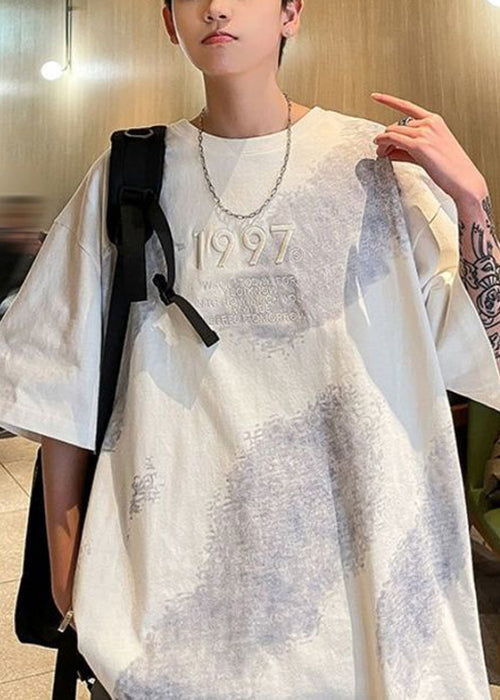 Chemises blanches en coton mélangé tie-dye pour hommes, grande taille, brodées