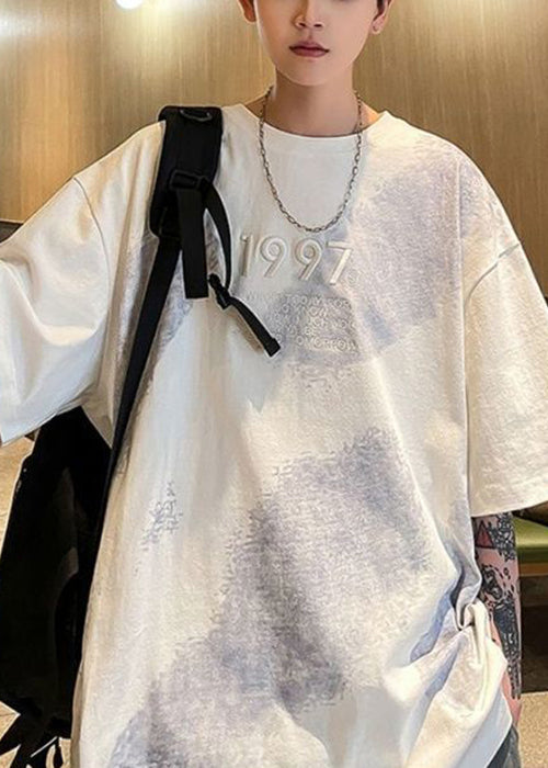 Chemises blanches en coton mélangé tie-dye pour hommes, grande taille, brodées