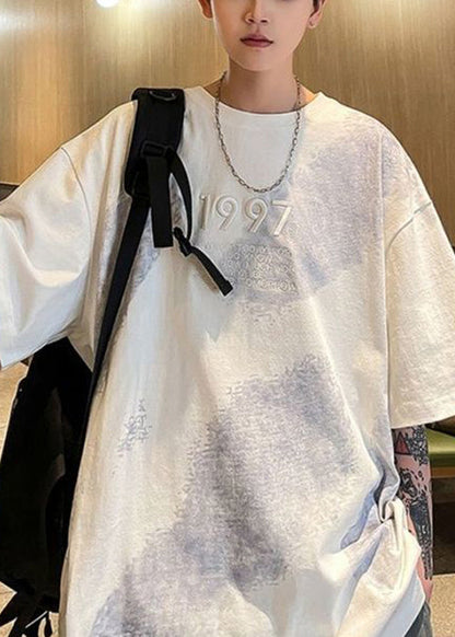 Chemises blanches en coton mélangé tie-dye pour hommes, grande taille, brodées