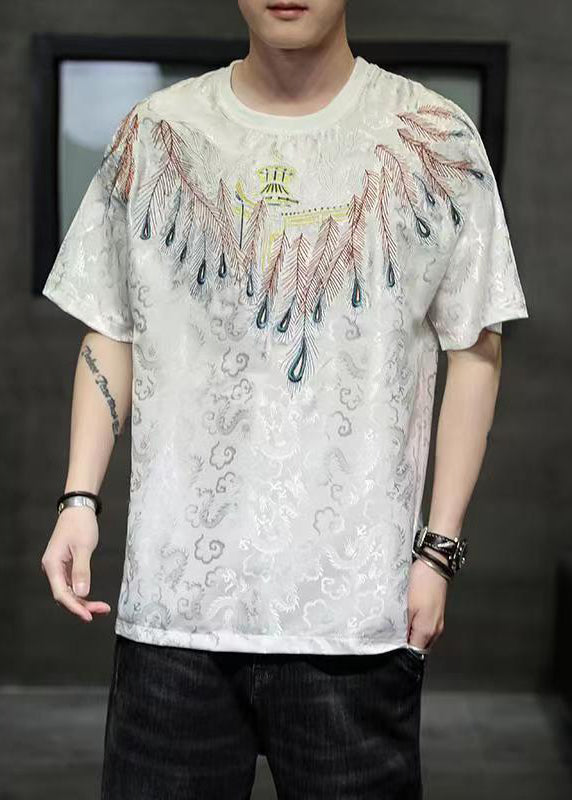 Plus Size White O-Neck Embroideried Ice Silk Men T Shirt Summer HG005