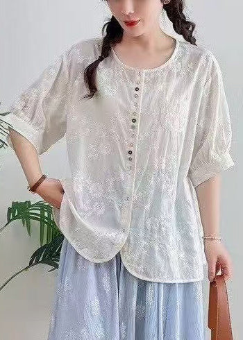 Jacquard Summer Plus Oversized Cotton White Top Size
