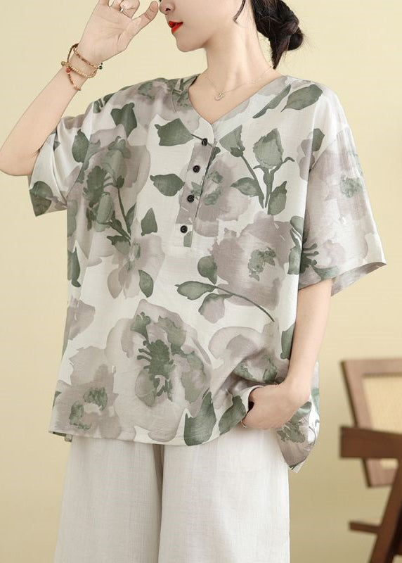 Summer Print T Size Button White Shirt Plus
