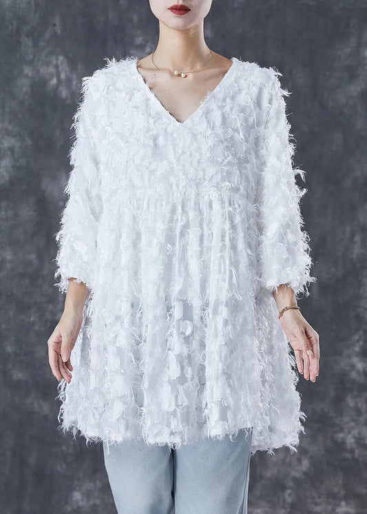 Plus Size White Tasseled Cotton Mini Dress Bracelet Sleeve Ada Fashion