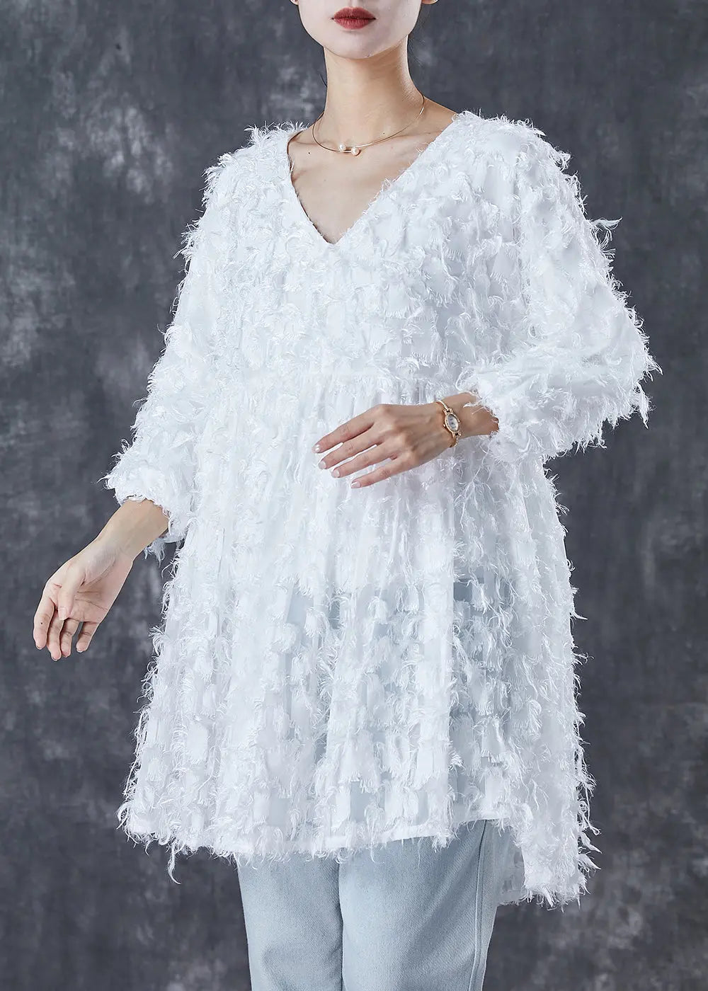 Plus Size White Tasseled Cotton Mini Dress Bracelet Sleeve Ada Fashion
