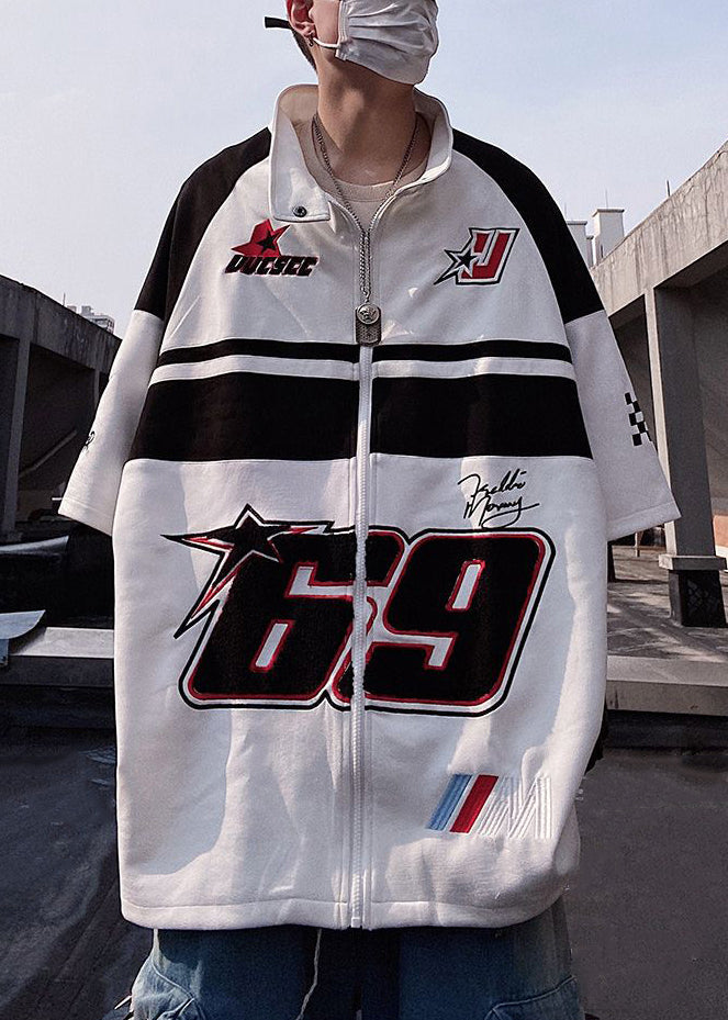 Chemises blanches à fermeture éclair pour hommes, manches longues, demi-taille, en coton, taille T