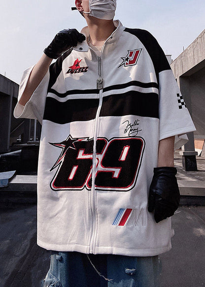 Chemises blanches à fermeture éclair pour hommes, manches longues, demi-taille, en coton, taille T