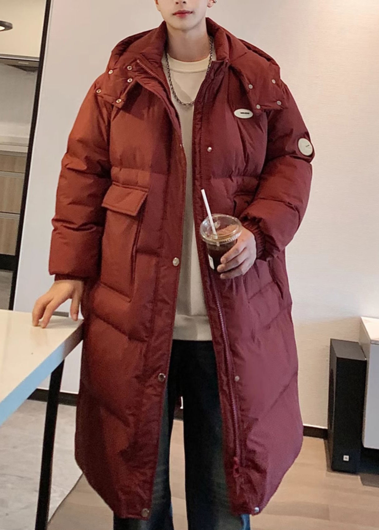 Plus Size Weinrot Kapuzentaschen Herren Lange Parkas Winter RM007
