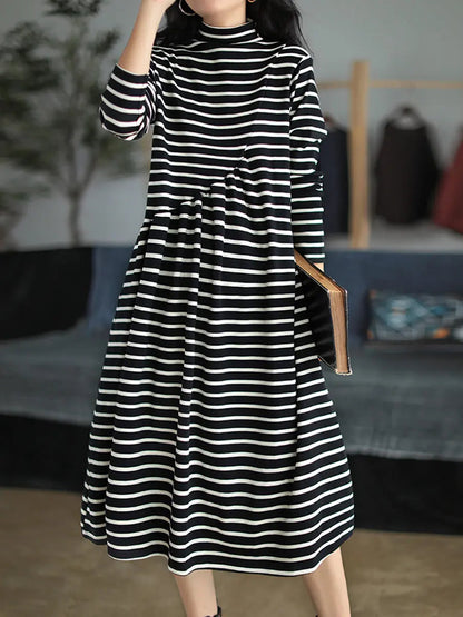 Plus Size Women Autumn Stripe Turtleneck Cotton Dress Ada Fashion