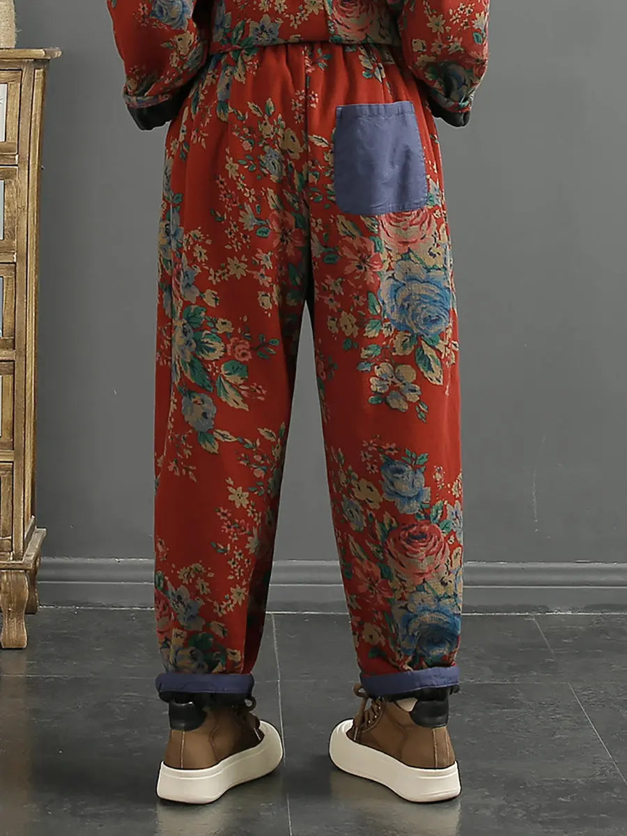 Plus Size Women Retro Floral Winter Warm Harem Pants Ada Fashion