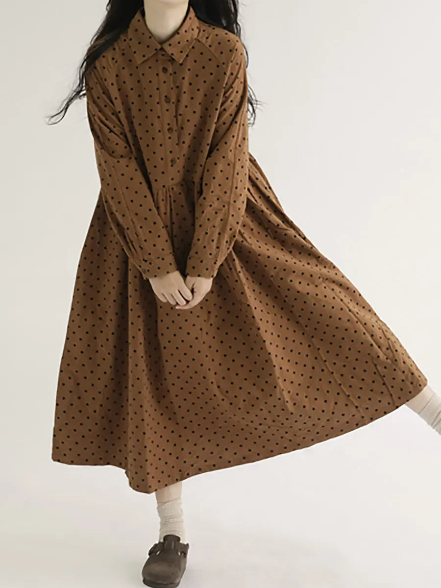 Plus Size Women Vintage Dot Pleat Long Sleeve Dress Ada Fashion