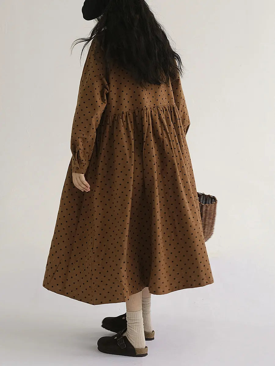 Plus Size Women Vintage Dot Pleat Long Sleeve Dress Ada Fashion