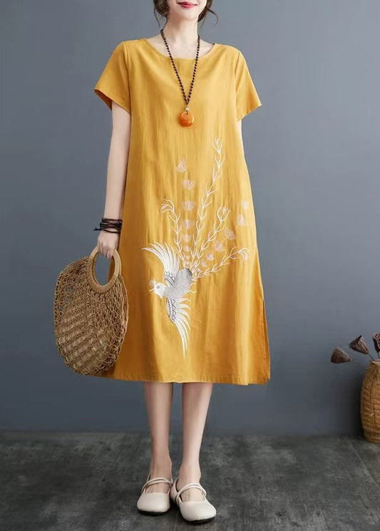 Besticktes Leinenkleid Linie Größe A Plus Sommergelb