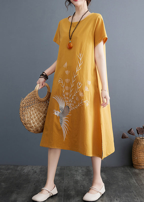 Besticktes Leinenkleid Linie Größe A Plus Sommergelb