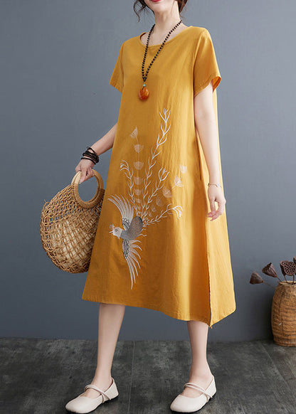 Besticktes Leinenkleid Linie Größe A Plus Sommergelb