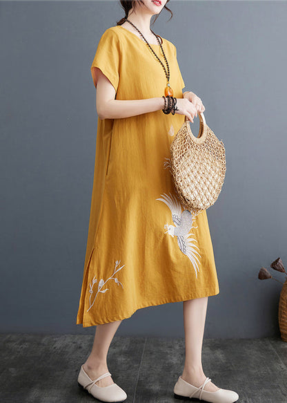 Besticktes Leinenkleid Linie Größe A Plus Sommergelb