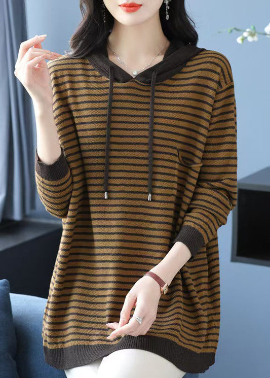 Gelber gestreifter Wollstrickpullover mit Kapuze in Übergröße, Winter RL028