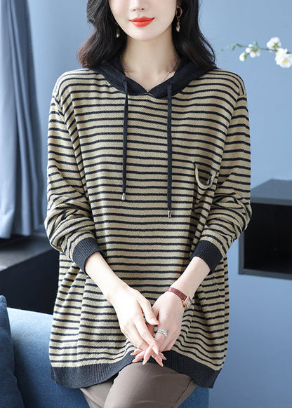 Gelber gestreifter Wollstrickpullover mit Kapuze in Übergröße, Winter RL028