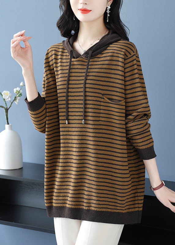 Gelber gestreifter Wollstrickpullover mit Kapuze in Übergröße, Winter RL028