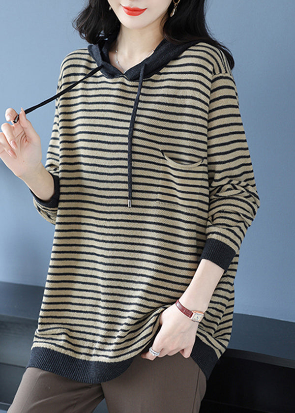 Gelber gestreifter Wollstrickpullover mit Kapuze in Übergröße, Winter RL028