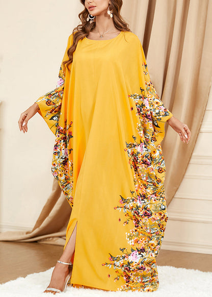 Robe en coton jaune grande taille à col rond et imprimé sur le devant ouvert Printemps AA1057