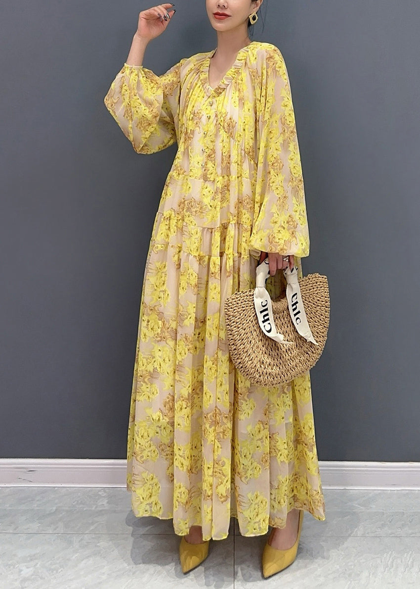 Plus Size Yellow V Neck Ruffled Print Chiffon Long Dresses Fall AY1015