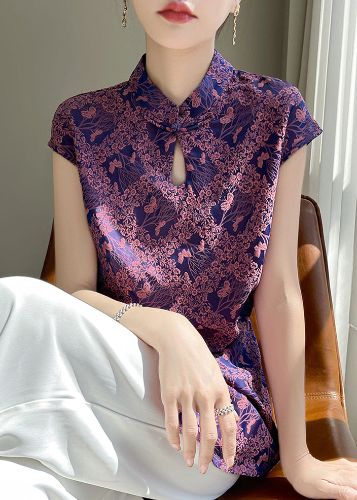 Purple Button Print Silk Blouses Stand Collar Short Sleeve AB1006